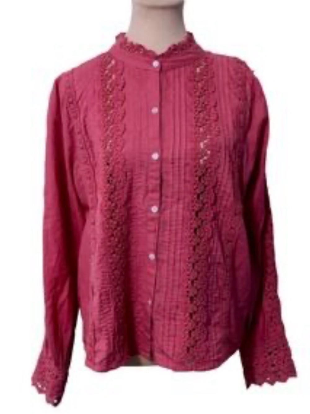 JENNIFER & GRACE Women's BOHO Lace-Trim Button-Down Blouse in Rose Pink